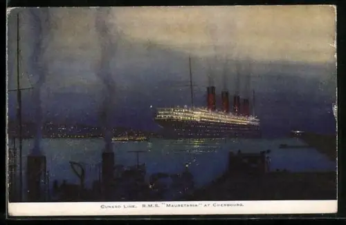 Künstler-AK Passagierschiff R.M.S. Mauretania der Cunard Line in der Dämmerung vor Cherbourg