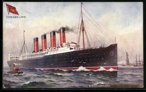 Künstler-AK Passagierschiff S.S. Mauretania der Cunard Line vor New York im Hudson River