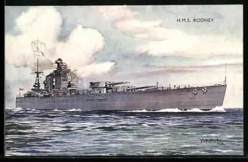 Künstler-AK Schlachtschiff H.M.S. Rodney hohe Fahrt laufend, Kriegsschiff
