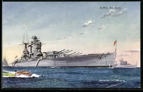 Künstler-AK Schlachtschiff H.M.S. Nelson in Verbandsfahrt mit anderen Kriegsschiffen