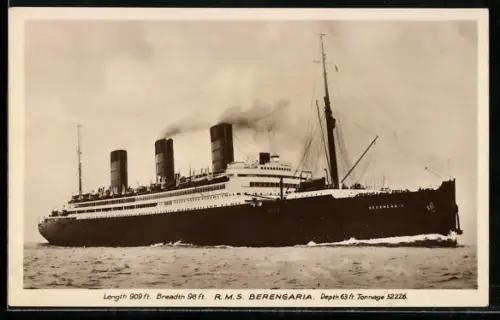 AK Passagierschiff R.M.S. Berengaria hohe Fahrt laufend, Tonnage 52.226 BRT