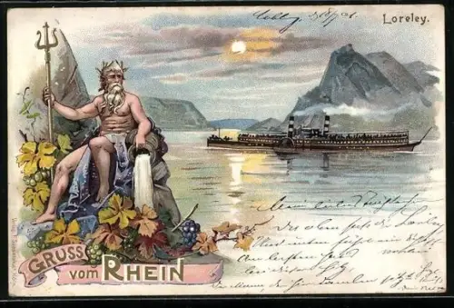 Lithographie Rhein-Dampfer passiert die Loreley, Vater Rhein mit Dreizack