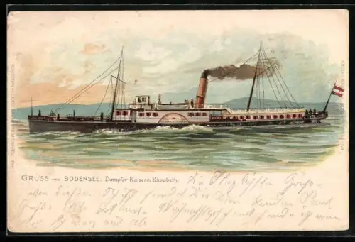 Lithographie Raddampfer Kaiserin Elisabeth in Fahrt auf dem Bodensee