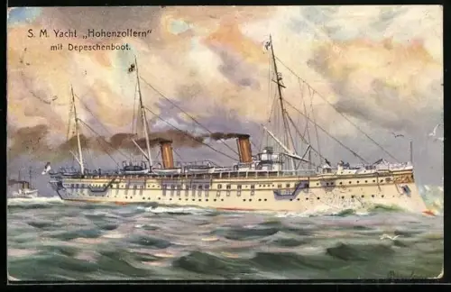 Künstler-AK S. M. Yacht Hohenzollern mit Depeschenboot, Kriegsschiff