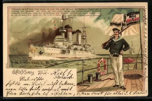 Lithographie Linienschiff S.M. Kaiser Wilhelm II. mit Matrose an Deck, Kriegsschiff