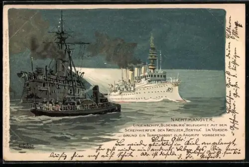 Lithographie Nachtmanöver, Linienschiff Oldenburg und Kreuzer Hertha, Kriegsschiff