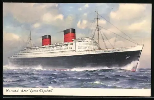 AK Passagierschiff RMS Queen Elizabeth der Cunard Line in rauher See
