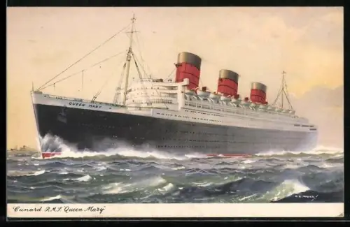 AK Passagierschiff R.M.S. Queen Mary der Cunard Line in bewegter See