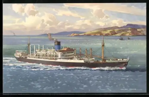Künstler-AK Handelsschiff S.S. Ixion die Küste verlassend, Blue Funnel Line