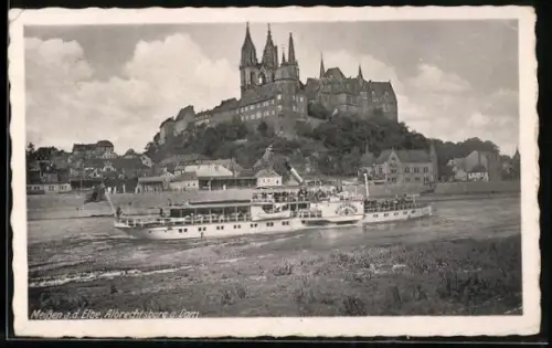 AK Meissen a. Elbe, Raddampfer Bodenbach auf der Elbe unterhalb der Albrechtsburg und Dom