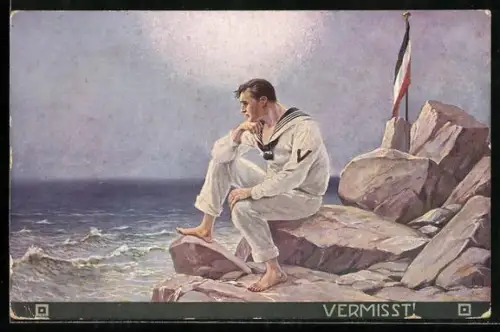 Künstler-AK Vermisst !, Matrosengefreiter eines deutschen Kriegsschiffes auf einem Felsen