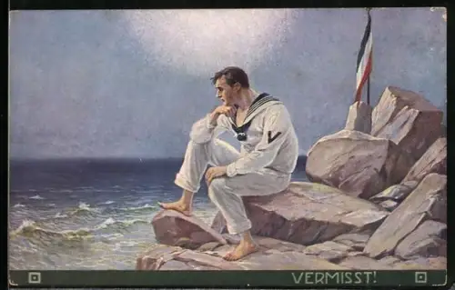 Künstler-AK Vermisst !, Matrose eines deutschen Kriegsschiffes an felsiger Küste