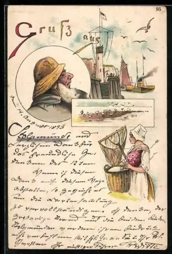 Lithographie Fischer, Hafen, Fischersfrau und Küste