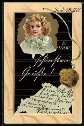 AK Blondes Schulmädchen mit Spielzeug