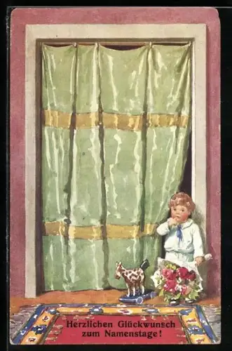 Künstler-AK Brüder Kohn (B.K.W.I) Nr. 204-3: Kleiner Junge mit Blumenstrauss und Pferdespielzeug auf Rädern