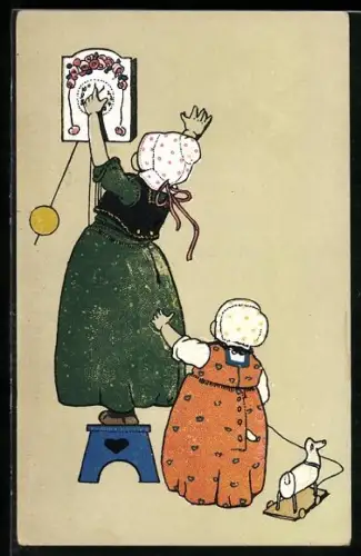 AK Kind mit einem Hund auf Rollen und ein anderes, das die Wanduhr verstellt