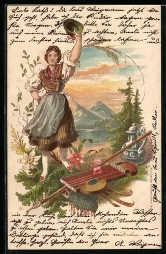 AK Junge Frau in Tracht mit Zither vor einem Gebirgspanorama