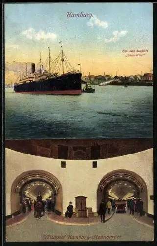 AK Hamburg-Steinwärder, Elbtunnel, Dampfer an der Ausfahrt Steinwärder