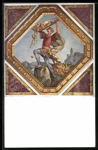 AK Nibelungen, Hagen versenkt den Schatz im Rhein, Freskogemälde von Schnorr von Carolsfeld in der Residenz in München