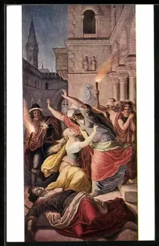 AK Nibelungen, Kriemhilde findet Siegfrieds Leiche, Freskogemälde von Schnorr von Carolsfeld in der Residenz in München