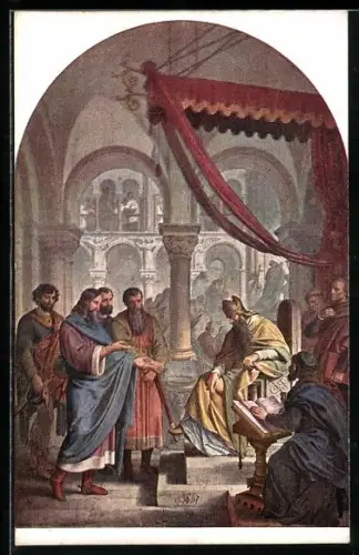 Künstler-AK Julius Schnorr von Carolsfeld: Das Nibelungenlied - Meister Konrad vor Bischof Pilgrim von Passau