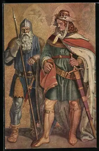 AK Nibelungen, Hildebrandt und König Dietrich, Freskogemälde von Schnorr von Carolsfeld in der Residenz in München