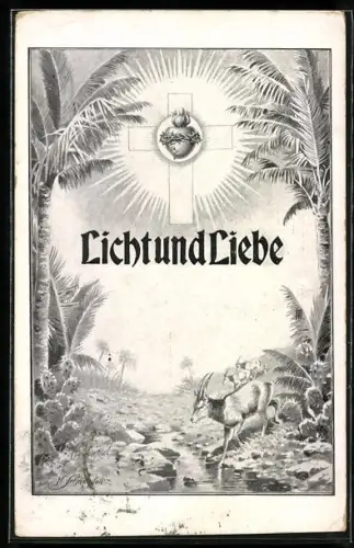 AK Herz mit Dornenkrone innerhalb eines Kreuzes scheint über Gazellen, Licht und Liebe, aus Missionszeitschrift