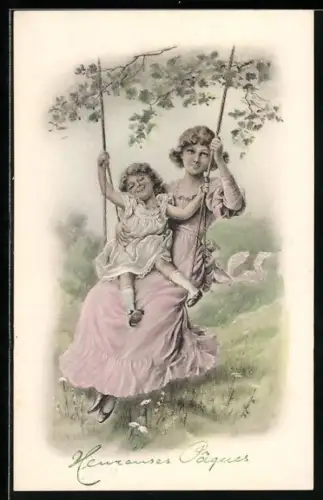 AK Fröhliche Mutter mit ihrer Tochter auf einer Schaukel