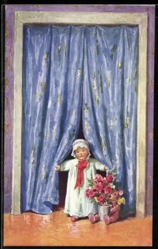 AK Kleinkind neben einem Teddy, der einen Blumentopf hält