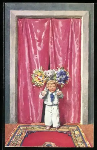 AK Kind überreicht mit seinem Hund Blumen an seine Mutter