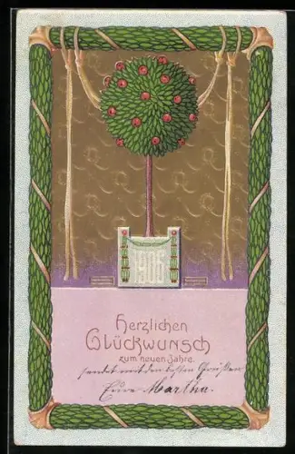 Präge-AK Apfelbaum auf goldenem Feld, Biedermeier