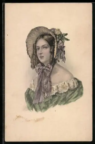 AK Portrait einer hübschen Frau mit Haube, Biedermeier