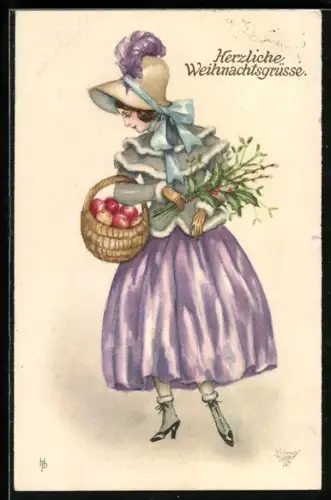 AK Elegante Dame mit einem Apfelkorb und weitem Rock, Biedermeier