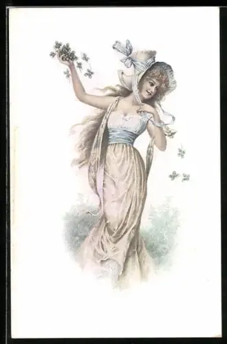 AK Schöne Dame mit blondem Haar und Kleeblättern in der Hand, Biedermeier