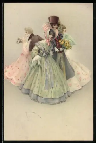 Lithographie Frankfurt, Verein der ehemaligen Hasselaner, edle Damen und Herren beim Spaziergang