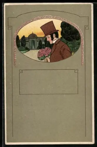 AK Eleganter Herr mit Rosenstrauss im Profil, Biedermeier