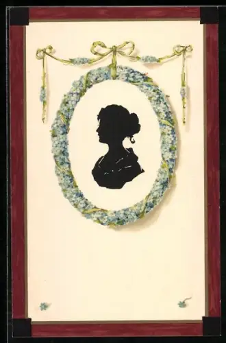 Künstler-AK Meissner & Buch (M&B) Nr.1488: Silhouette einer Frau in einem Rahmen aus Vergissmeinnicht