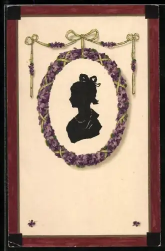 AK Dame mit Biedermeierhut im Scherenschnitt mit Rosenkranz