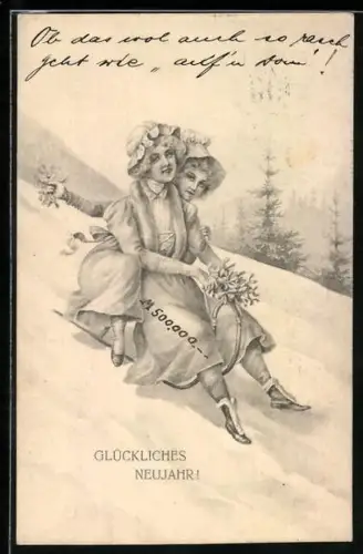 AK Glückliches Neujahr, zwei junge Damen beim Schlittenfahren mit Mistelzweigen