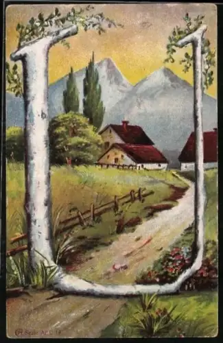 AK Der Buchstabe U umrahmt eine Ortspartie und Berge