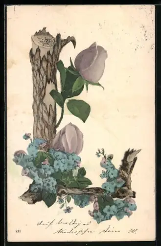 AK Baumstamm und Äste formen den Buchstaben L, darauf wachsen Vergissmeinnicht