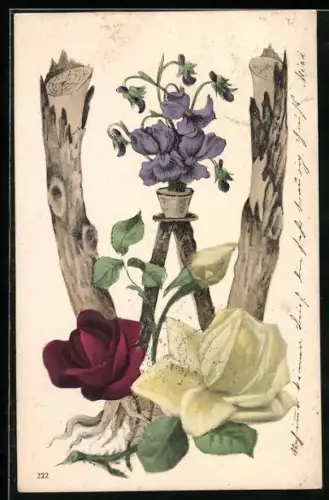 AK Baumstämme formen den Buchstaben W, geschmückt mit roter und weisser Rose