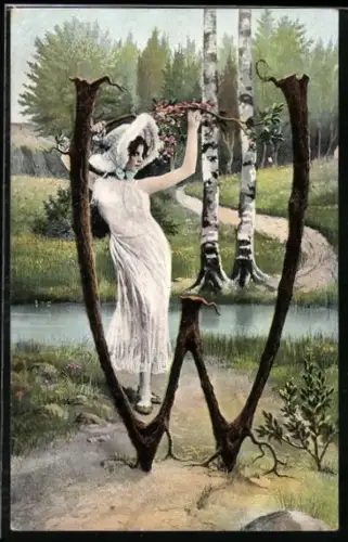 AK Attraktive Frau im weissen Kleid bei Ästen, die den Buchstaben W formen