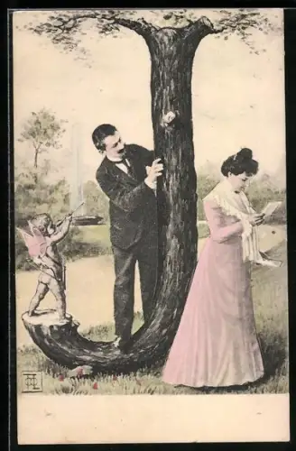 AK Amor zielt auf einen Mann, der hinter einem Baum versteckt ist, der den Buchstaben J formt