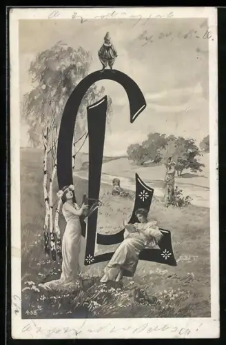 AK Drei junge Damen mit Kindern an den Buchstaben C & L