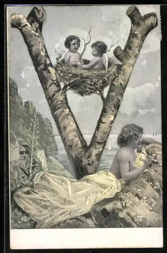 AK Buchstabe V aus Baumstämmen, Kinder im Nest, Mädchen, Gewässer