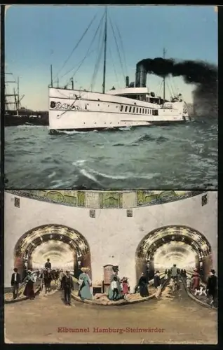 AK Hamburg-St. Pauli, Elbtunnel Hamburg-Steinwärder, Seitenraddampfer auf der Elbe u. Eingang des Tunnels