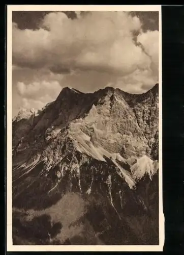 AK Zugspitze mit bewölktem Himmel, Ganzsache WHW Winterhilfswerk