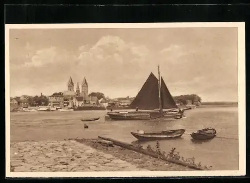 AK Rees am Niederrhein, Rheinpartie mit Blick in den Ort, Ganzsache WHW Winterhilfswerk
