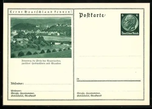 AK Arnsberg, Ortsansicht aus der Vogelschau, Ganzsache Lernt Deutschland kennen